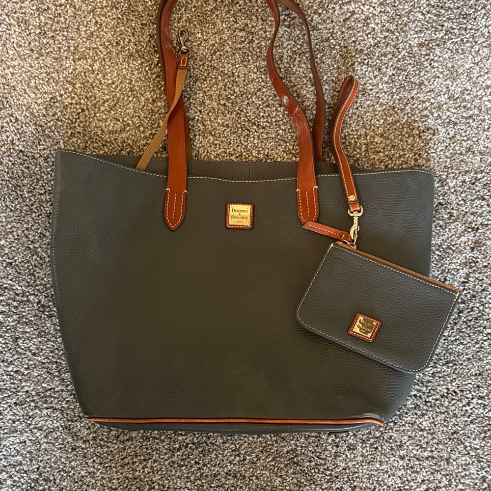 Dooney & Bourke Olive Pebbled Leather Tote with Brown Trim and Wristlet